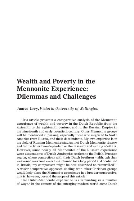 Mennonites and Money: Wealth and Poverty in the Past and 